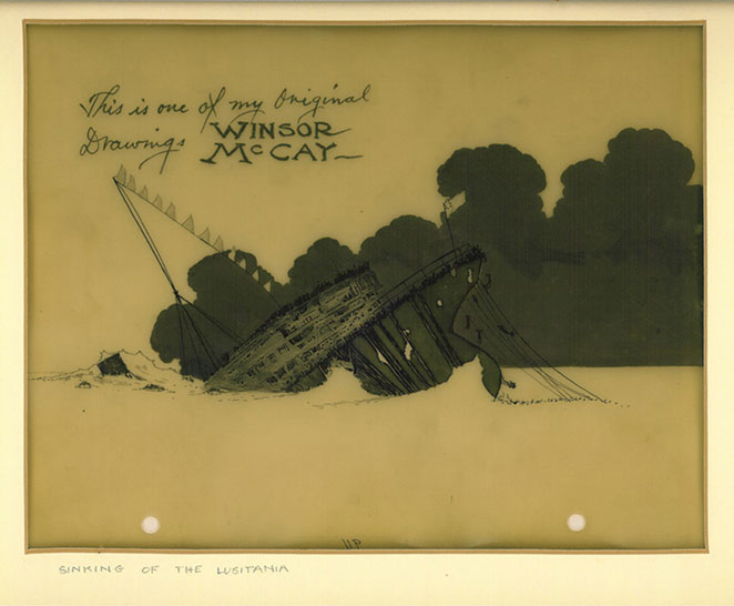 Winsor_McCay_(1918)_The_Sinking_of_the_Lusitania_cel_(Lusitania_rolling_over)